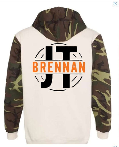 JT Brennan Camo Hoodie with Black and Orange Logo