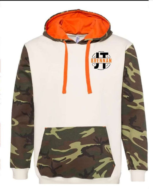 JT Brennan Camo Hoodie with Black and Orange Logo